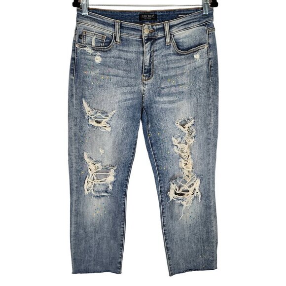 Judy Blue Multi Color Plaint Splash Destroyed Denim Boyfriend Fit Jeans sz 28 - Picture 2 of 12